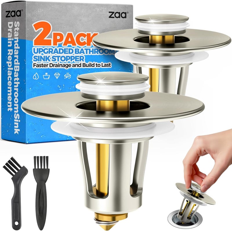 zaa Bathroom Sink Stopper - 2Pack Bathroom Sink Drain Strainer,Pop Up Bathroom Drain Stopper with Anti-Clogging Filter Basket,for 1.05~1.65 in U.S.Standard Basin Drain Holes,Brushed Nickel - Image 1